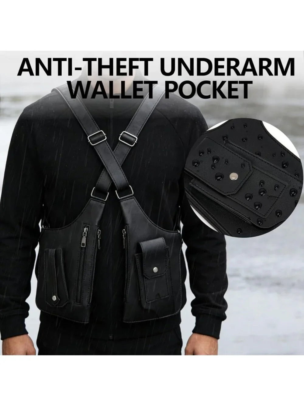 Mens Black Chest rig Underarm Anti Theft Adjustable Pocket Double Shoulder Strap